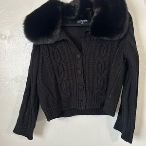 Women's Black Cable Knit Sweater with Faux Fur Collar